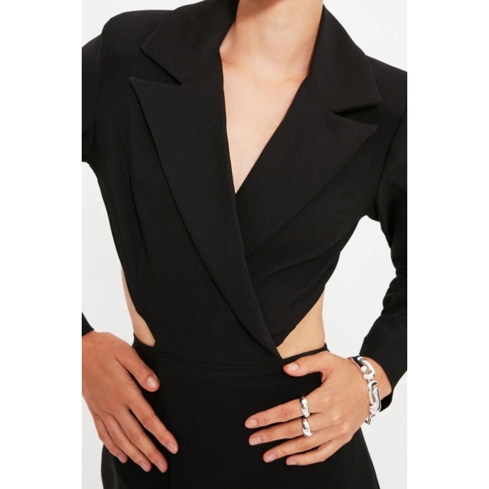 Women Fashion Stylish Mini Length Jacket Collar Fitted Woven Cut-Out Detail Jacket Dress