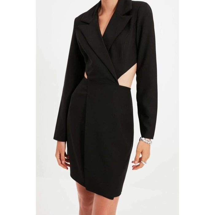 Women Fashion Stylish Mini Length Jacket Collar Fitted Woven Cut-Out Detail Jacket Dress