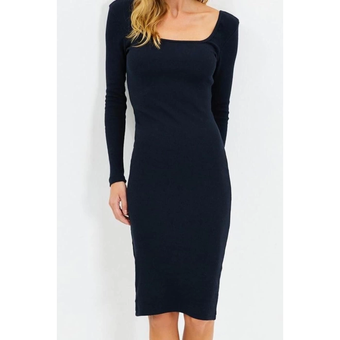 Women Fashion Stylish Midi Length Square Neck Slim Fit Long Sleeve Ribbed Stretchy Knit Dress
