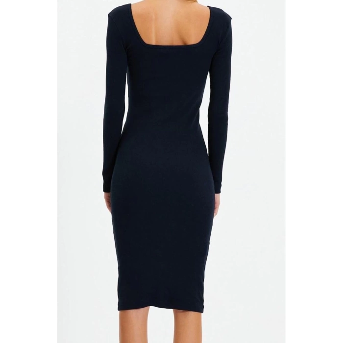 Women Fashion Stylish Midi Length Square Neck Slim Fit Long Sleeve Ribbed Stretchy Knit Dress
