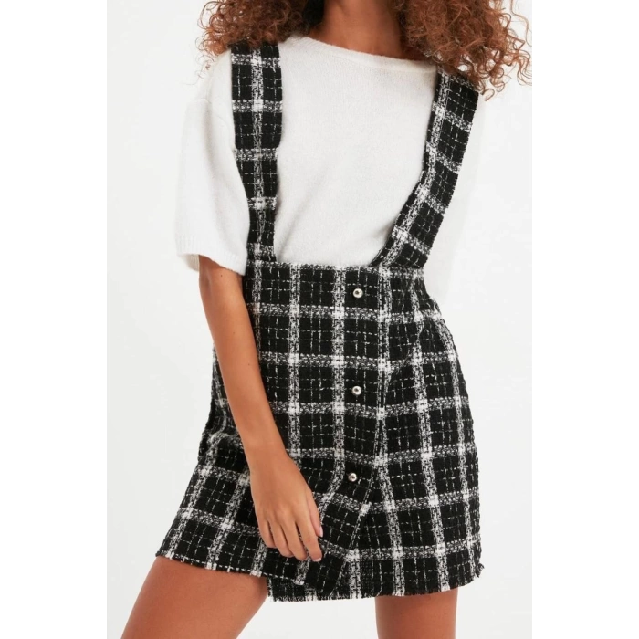 Women Fashion Stylish Mini Length Square Collar Regular Plaid Checked Woven Dress