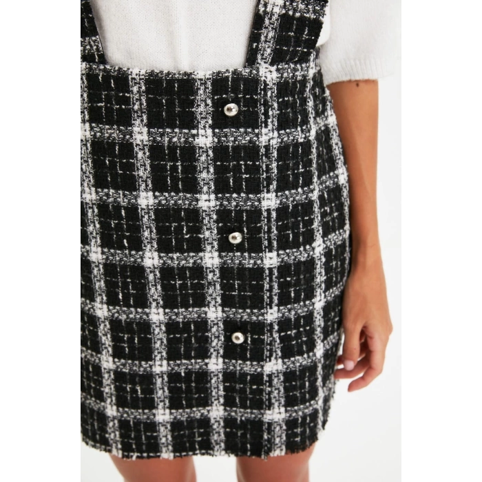 Women Fashion Stylish Mini Length Square Collar Regular Plaid Checked Woven Dress