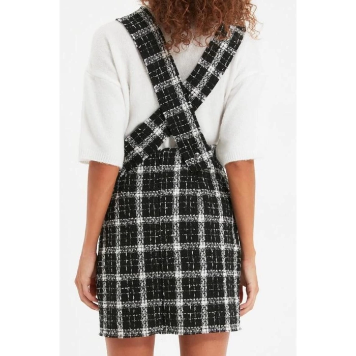 Women Fashion Stylish Mini Length Square Collar Regular Plaid Checked Woven Dress