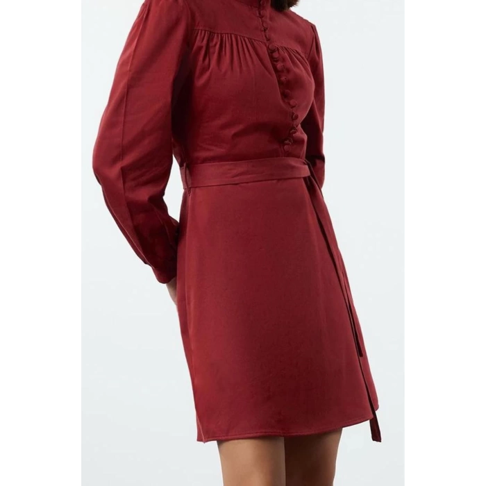 Women Fashion Stylish Mini Length Stand Collar Regular Plain Woven Dress
