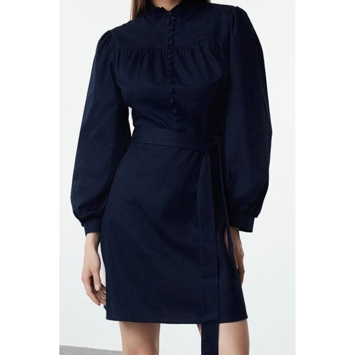 Women Fashion Stylish Mini Length Stand Collar Regular Plain Woven Dress