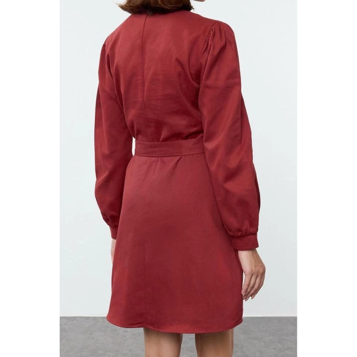 Women Fashion Stylish Mini Length Stand Collar Regular Plain Woven Dress