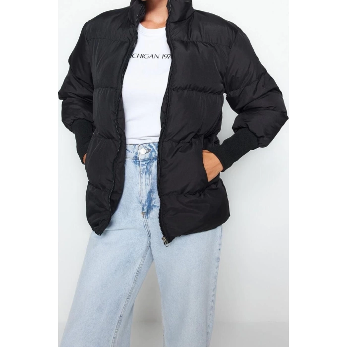 Kadın Moda Şık Regular Dik Yaka Midi Düz Astarlı Oversize Ribana Kollu Su İtici Şişme Mont