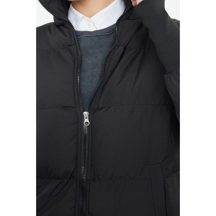 Kadın Moda Şık Regular Dik Yaka Midi Düz Astarlı Oversize Ribana Kollu Su İtici Şişme Mont