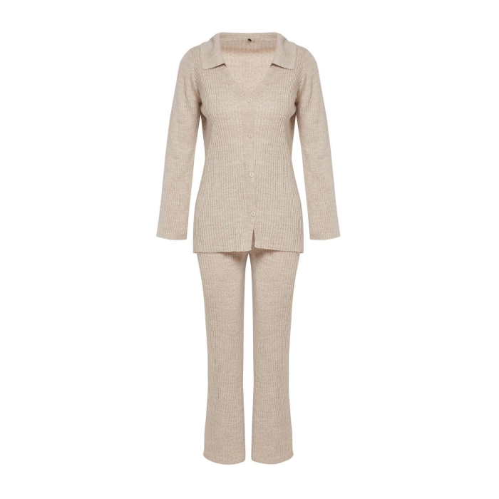 Womens Fashion Stylish Wide Leg Regular Length Long Sleeve Basic Polo Neck Knitwear Top-Bottom Set