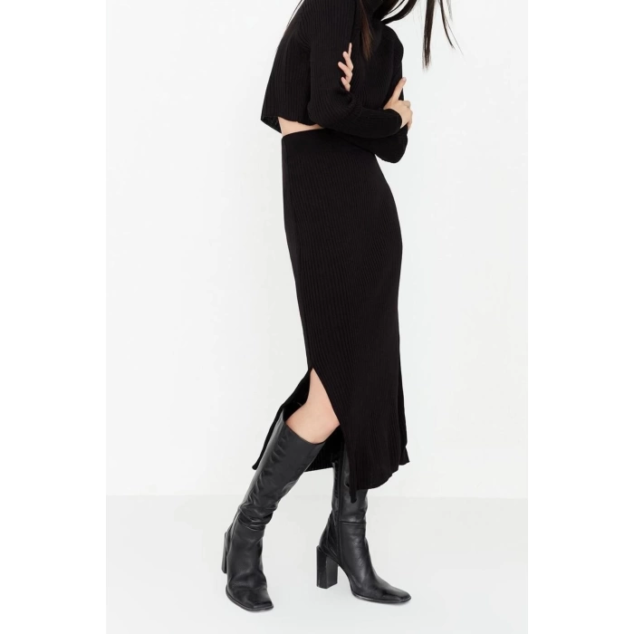 Womens Fashion Stylish Wide Leg Crop Length Long Sleeve Crop Basic Skirted Knitwear Bottom-Top Set