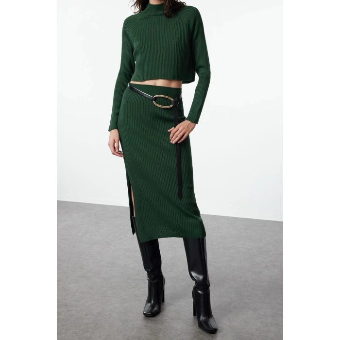 Womens Fashion Stylish Wide Leg Crop Length Long Sleeve Crop Basic Skirted Knitwear Bottom-Top Set