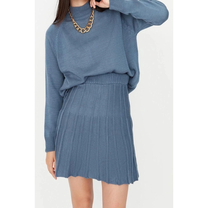 Womens Fashion Stylish Wide Leg Regular Length Long Sleeve Pleated Skirted Knitwear Top-Bottom Set