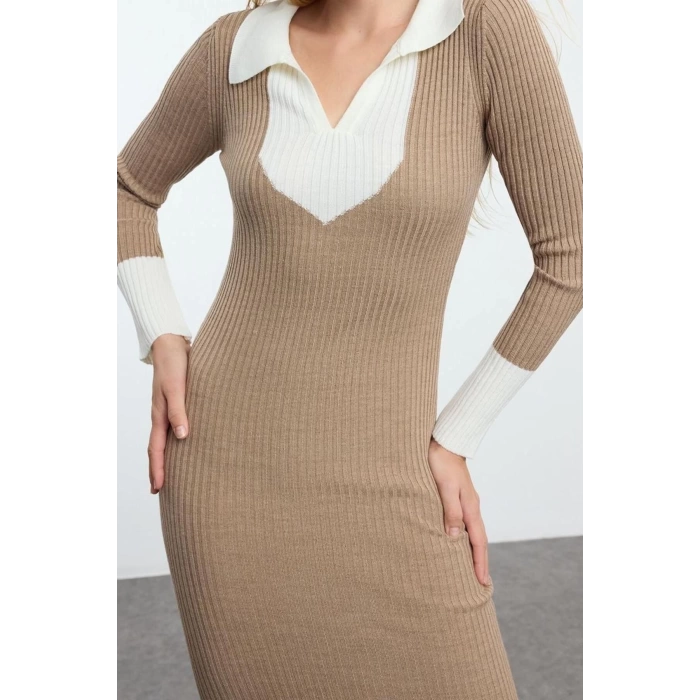 Kadın Moda Şık Midi Boy Polo Yaka Slim Triko Renk Bloklu Elbise