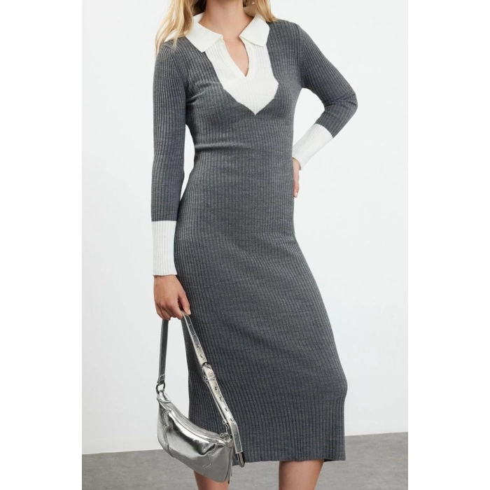 Kadın Moda Şık Midi Boy Polo Yaka Slim Triko Renk Bloklu Elbise