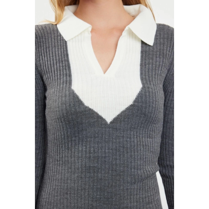 Kadın Moda Şık Midi Boy Polo Yaka Slim Triko Renk Bloklu Elbise
