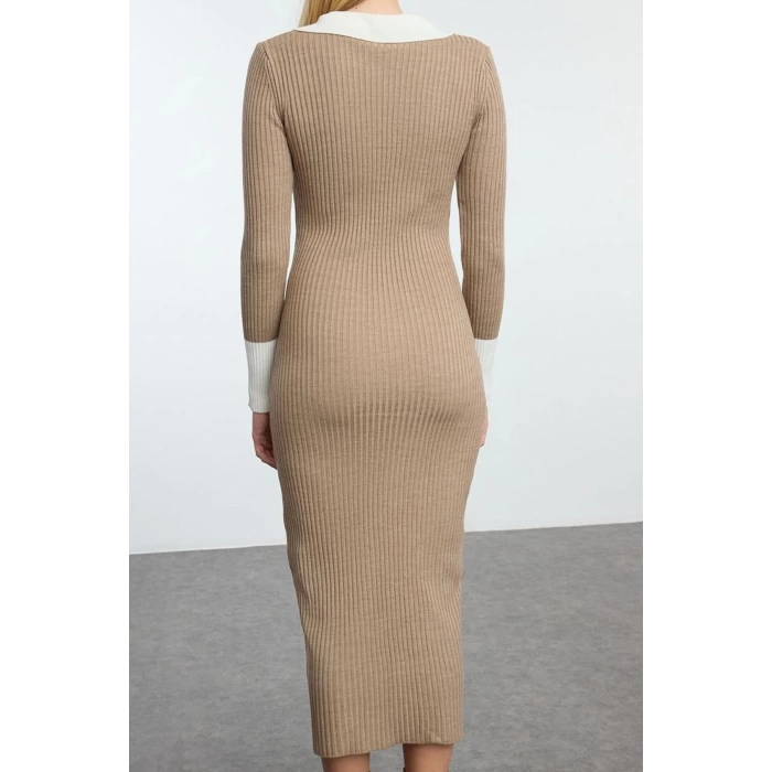 Kadın Moda Şık Midi Boy Polo Yaka Slim Triko Renk Bloklu Elbise