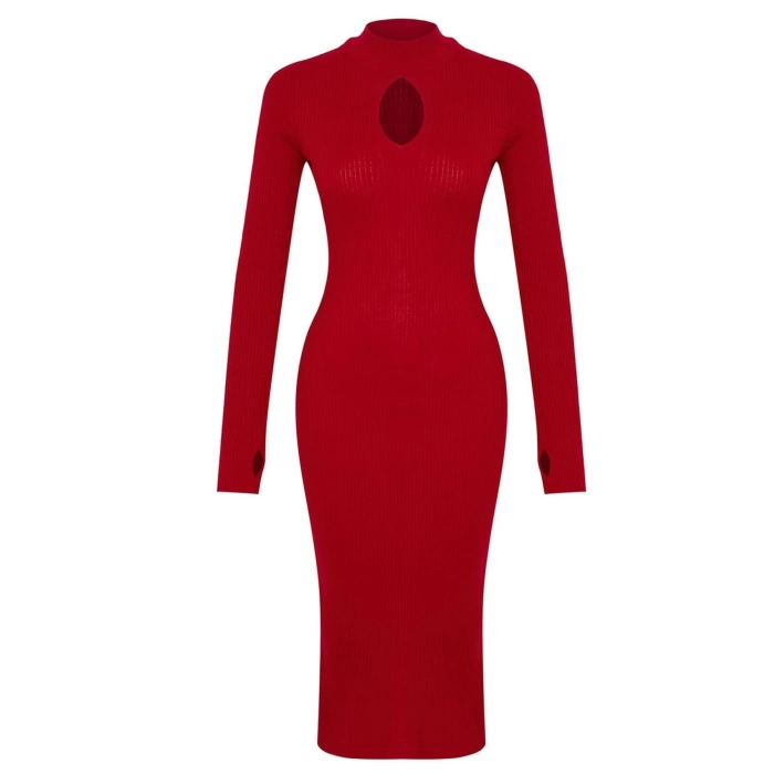 Women Fashion Stylish Midi Length Stand Collar Slim Knitwear Window Cut Out Dress