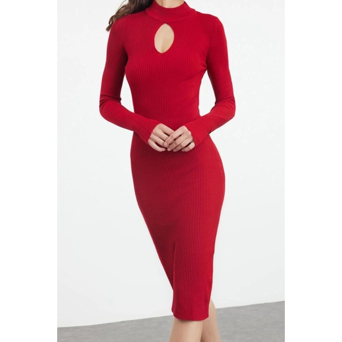 Women Fashion Stylish Midi Length Stand Collar Slim Knitwear Window Cut Out Dress