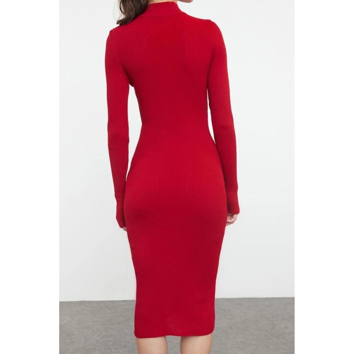 Women Fashion Stylish Midi Length Stand Collar Slim Knitwear Window Cut Out Dress