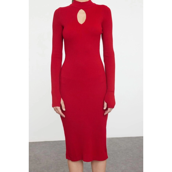 Women Fashion Stylish Midi Length Stand Collar Slim Knitwear Window Cut Out Dress