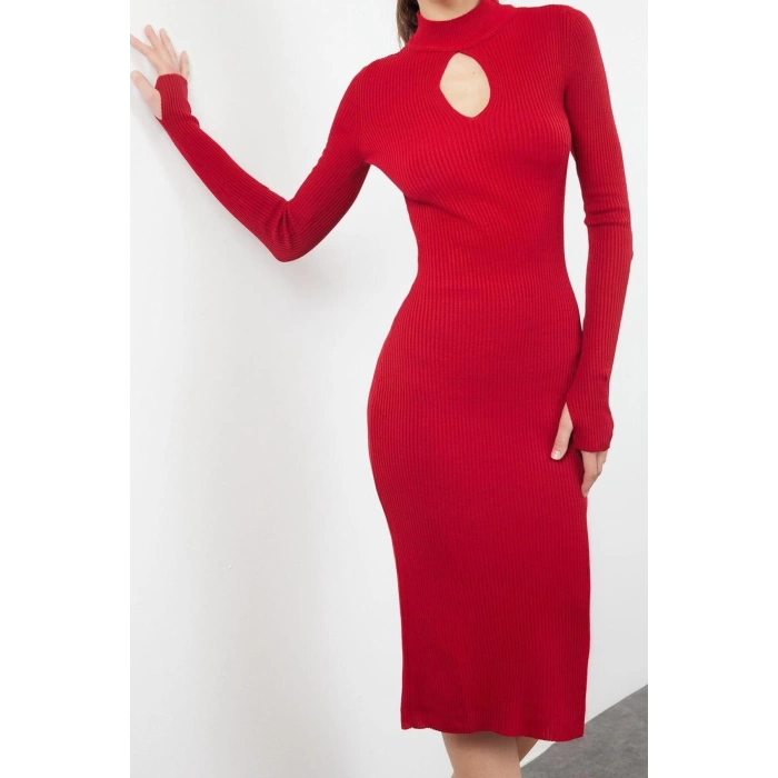 Women Fashion Stylish Midi Length Stand Collar Slim Knitwear Window Cut Out Dress