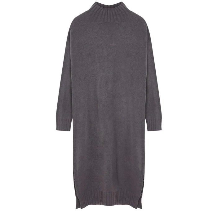 Kadın Moda Şık Midi Boy Dik Yaka Oversize Triko Geniş Kalıp Yumuşak Dokulu Elbise