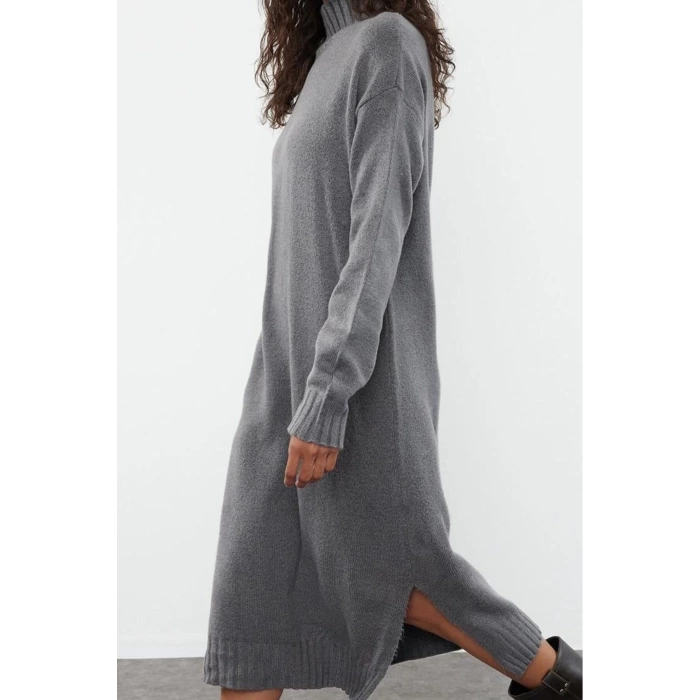 Kadın Moda Şık Midi Boy Dik Yaka Oversize Triko Geniş Kalıp Yumuşak Dokulu Elbise