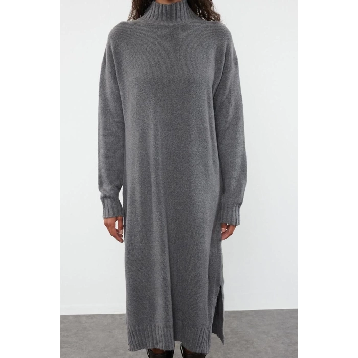Kadın Moda Şık Midi Boy Dik Yaka Oversize Triko Geniş Kalıp Yumuşak Dokulu Elbise