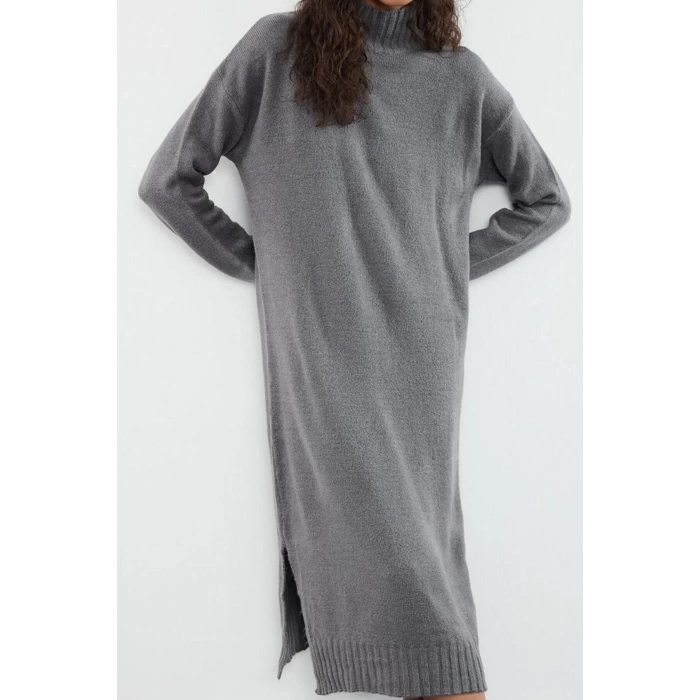Kadın Moda Şık Midi Boy Dik Yaka Oversize Triko Geniş Kalıp Yumuşak Dokulu Elbise