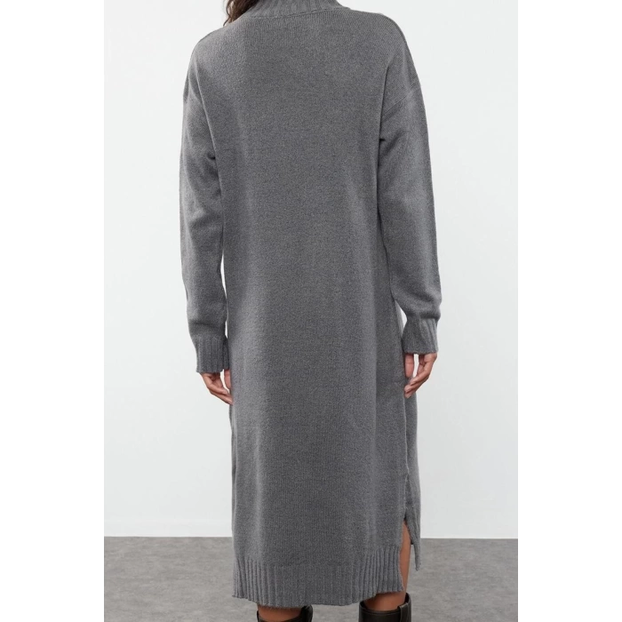 Kadın Moda Şık Midi Boy Dik Yaka Oversize Triko Geniş Kalıp Yumuşak Dokulu Elbise