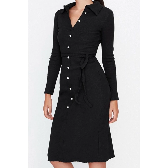 Women Fashion Stylish Midi Length Shirt Collar Slim Fit Polo Collar Ribbed Buttoned Flexible Knit Dress
