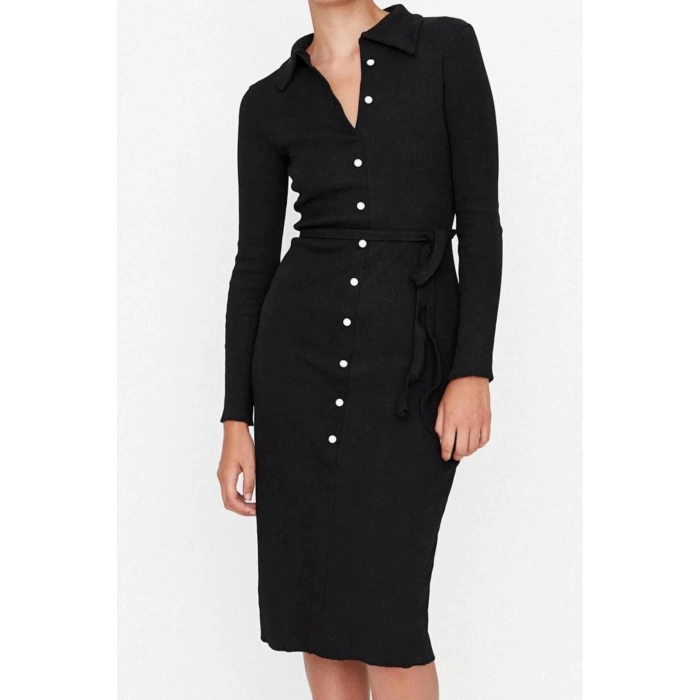 Women Fashion Stylish Midi Length Shirt Collar Slim Fit Polo Collar Ribbed Buttoned Flexible Knit Dress