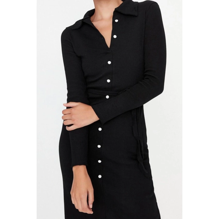 Women Fashion Stylish Midi Length Shirt Collar Slim Fit Polo Collar Ribbed Buttoned Flexible Knit Dress