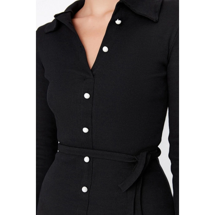 Women Fashion Stylish Midi Length Shirt Collar Slim Fit Polo Collar Ribbed Buttoned Flexible Knit Dress
