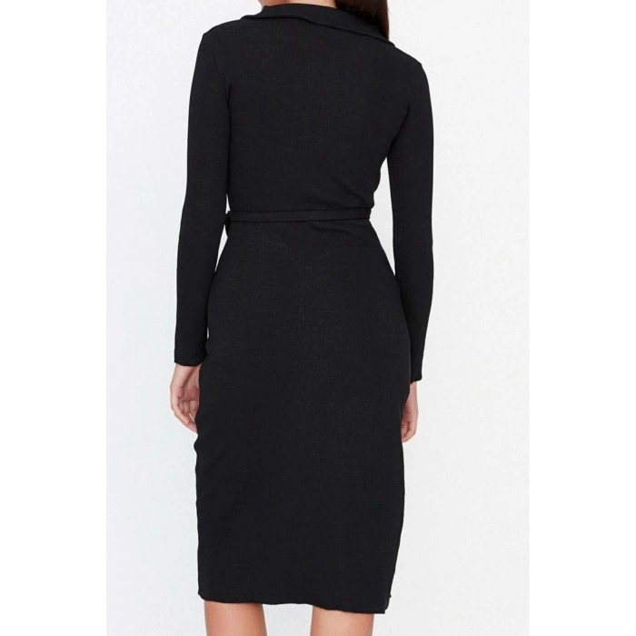 Women Fashion Stylish Midi Length Shirt Collar Slim Fit Polo Collar Ribbed Buttoned Flexible Knit Dress
