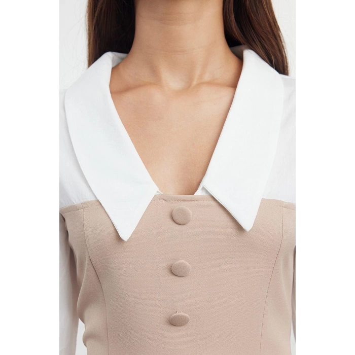 Women Fashion Stylish Mini Length Shirt Collar Fitted Plain Bodycon Woven Dress Woven Dress