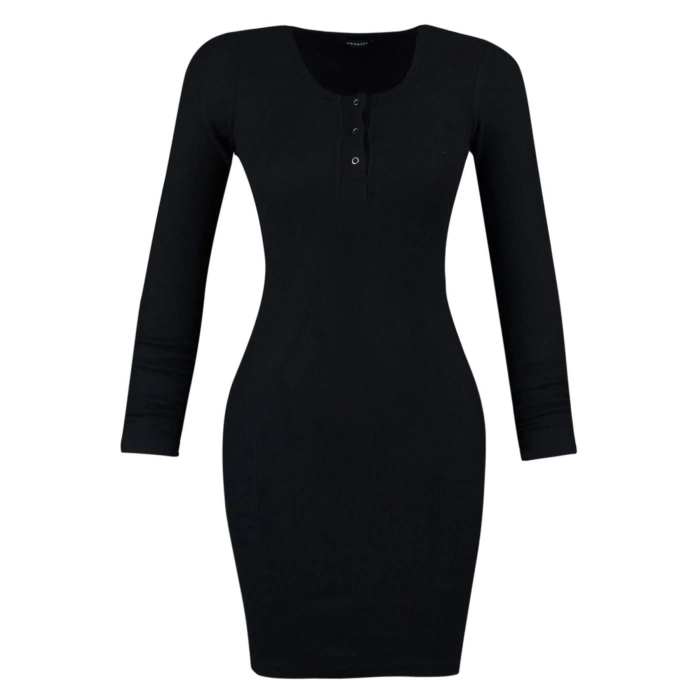 Womens Fashion Mini Length Button Collar Slim Snap Detailed Fitted Elastic Knitted Pencil Dress