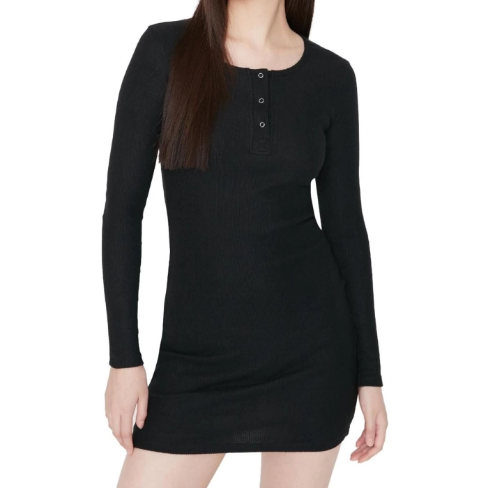 Womens Fashion Mini Length Button Collar Slim Snap Detailed Fitted Elastic Knitted Pencil Dress