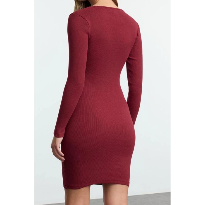 Kadın Moda Şık Mini Boy Kare Yaka Slim Büzgü Detaylı Vücuda Oturan Fitilli Esnek Örme Kalem Elbise