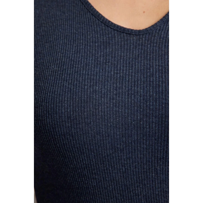 Kadın Moda Şık Mini Boy Polo Yaka Slim Vücuda Oturan Fitilli Esnek Örme Elbise