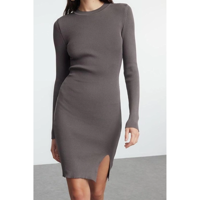 Kadın Moda Şık Mini Boy Bisiklet Yaka Slim Triko Yırtmaçlı Vücuda Oturan Elbise