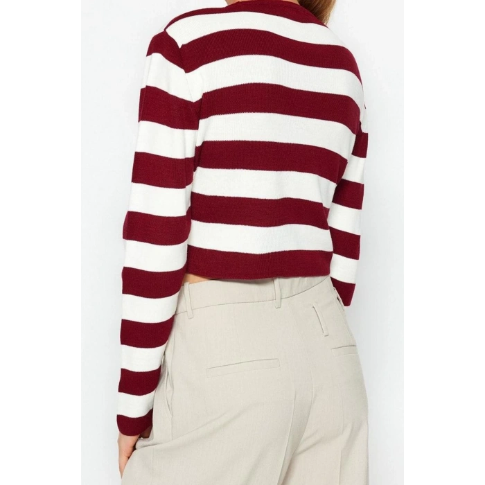 Women Fashion Stylish Crew Neck Standard Sleeve Crop Basic Striped Knitwear Sweater