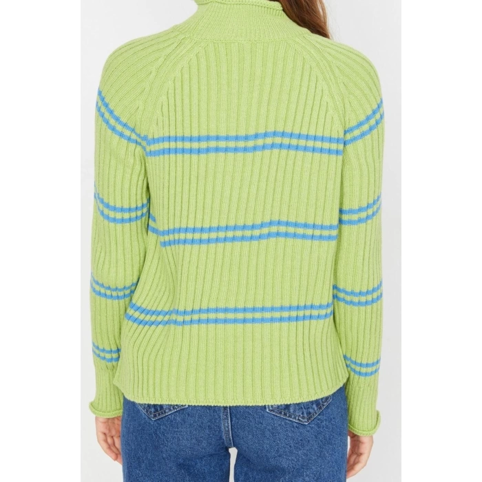 Women Fashion Stylish Stand Collar Raglan Sleeve Regular Striped Knitwear Sweater
