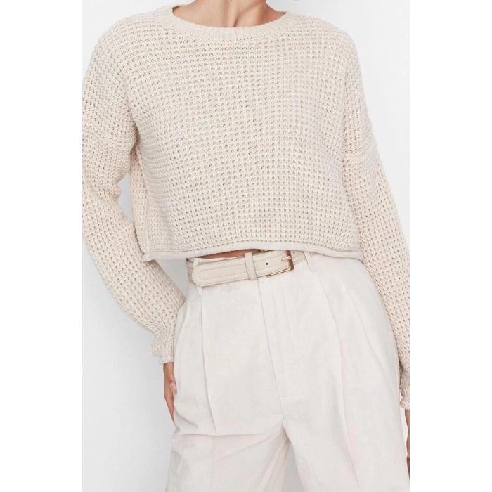 Women Fashion Stylish Crew Neck Low Sleeve Crop Wide Fit Knitwear Sweater