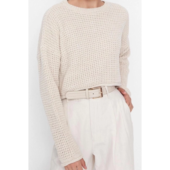 Women Fashion Stylish Crew Neck Low Sleeve Crop Wide Fit Knitwear Sweater