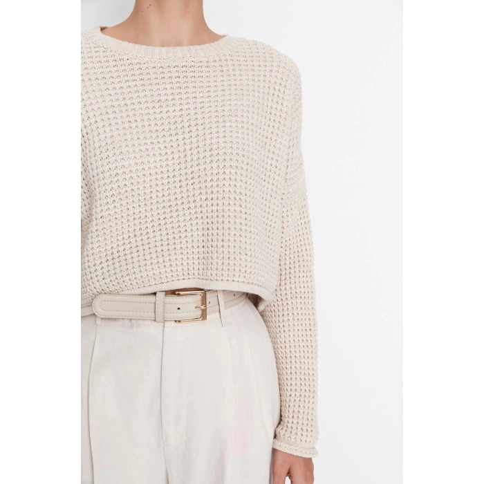 Women Fashion Stylish Crew Neck Low Sleeve Crop Wide Fit Knitwear Sweater