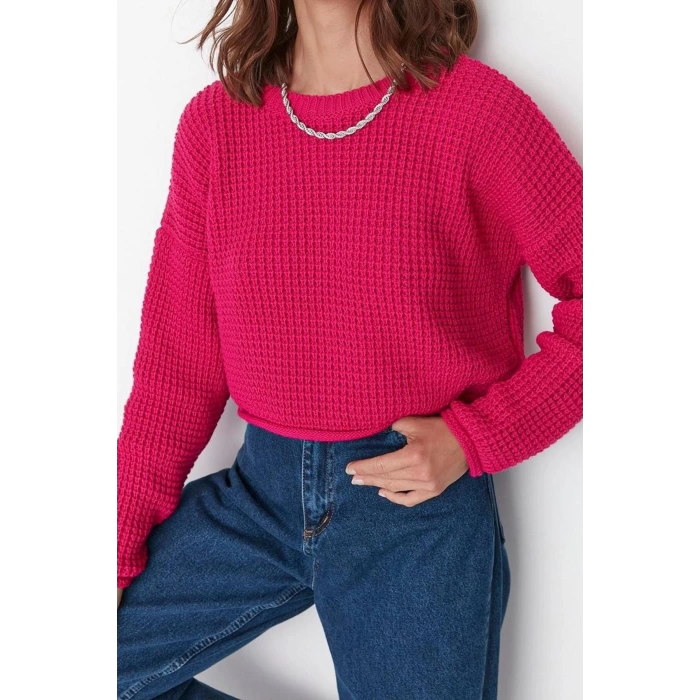 Women Fashion Stylish Crew Neck Low Sleeve Crop Wide Fit Knitwear Sweater