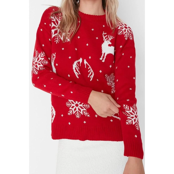 Women Fashion Stylish Crew Neck Low Sleeve Regular Christmas Themed Jacquard Knitwear Sweater