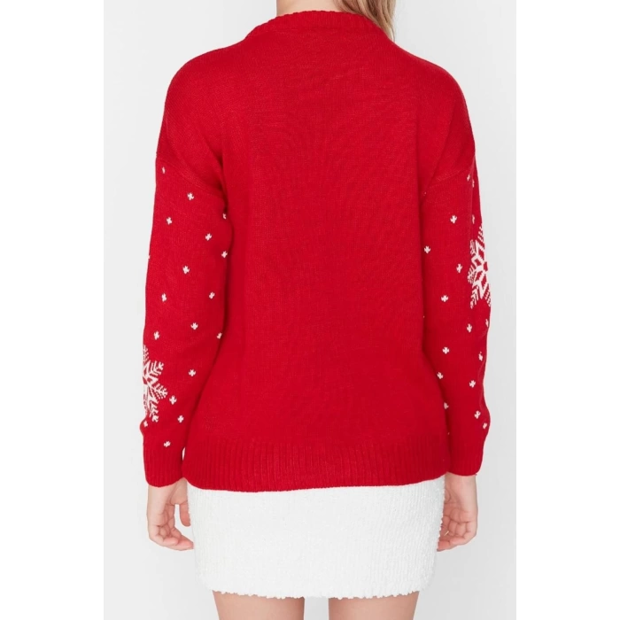 Women Fashion Stylish Crew Neck Low Sleeve Regular Christmas Themed Jacquard Knitwear Sweater