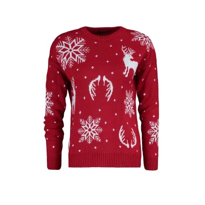 Women Fashion Stylish Crew Neck Low Sleeve Regular Christmas Themed Jacquard Knitwear Sweater